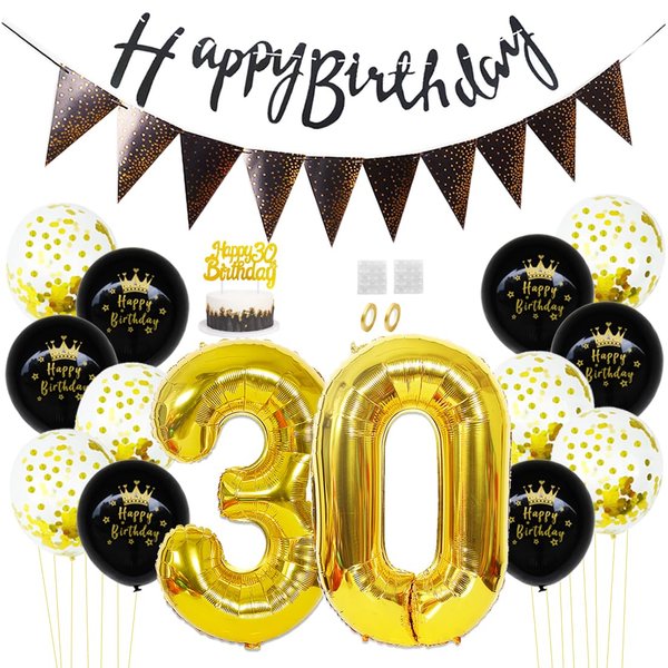 Daimay 30th Birthday Party Decorations Gold Black Happy Birthday Latex Confetti Balloons Triangle Flag Banner Number 30 Foil Balloon Cake Topper for Men Women Anniversary Birthday Party Supplies