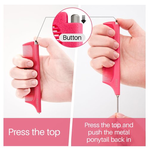 RHOS Retractable Rat Tail Comb for Parting,Protable Fine Tooth Teasing Comb for Styling,Hair Cutting,Braiding-Carbon Parting Combs for Braiding Hair,Stainless Steel Pin Tail Teasing Comb(Pink)