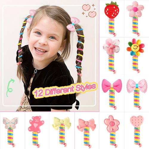 JUNEBRUSHS 12Pcs Spiral Hair Ties for Kids, Colorful Telephone Wire Hair Bands Elastic Braided Telephone Cord Hair Accessories for Little Girls, Ponytail Holders Phone Cord Coil Hair Ties Bulk