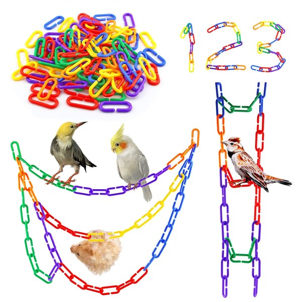 JIALEEY 100PCS Plastic Chain Links, Children's Learning Toy, Mix Color Rainbow DIY C-Clips Chains Hooks Swing Climbing Cage Toys for Bird Sugar Glider Rat Parrot
