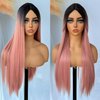 UREMY Long Straight Layered Synthetic Wig Ombre Pink 28 Inches Glueless Machine Made Realistic Non-lace Wig for Women Halloween Makeup Party Cosplay Heat Resistant Fiber