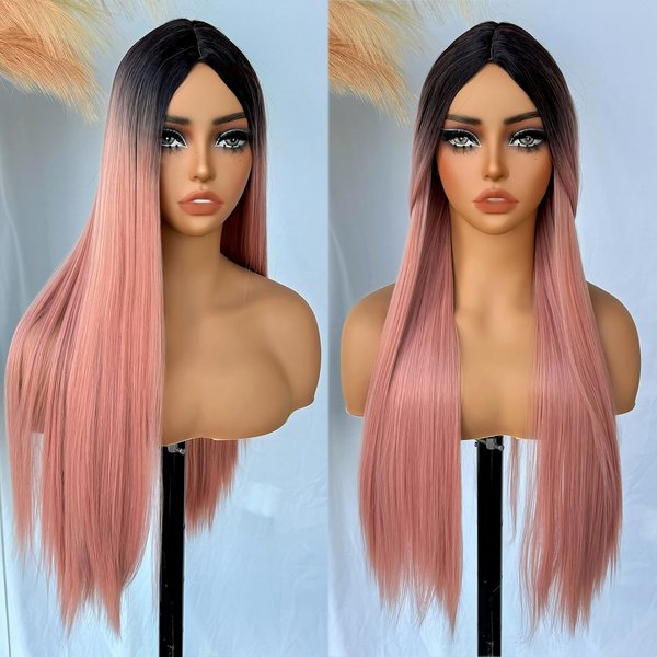 UREMY Long Straight Layered Synthetic Wig Ombre Pink 28 Inches Glueless Machine Made Realistic Non-lace Wig for Women Halloween Makeup Party Cosplay Heat Resistant Fiber