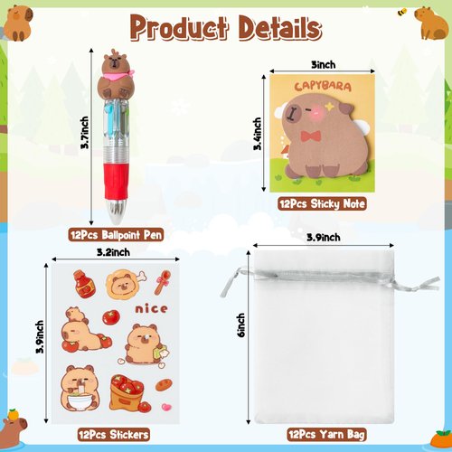 CY2SIDE Capybara Stationery Party Gift - 36PCS Capybara Stationery Gifts Set Include 4-in-1 Ballpoint Pens Sticky Notes Stickers and Organza Capybara Party Favors Goodie Bag Fillers for School Rewards