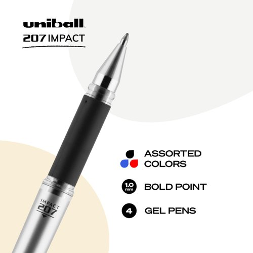Uniball Signo 207 Impact Stick Gel Pen, 4 Assorted Pens, 1.0mm Bold Point Gel Pens
