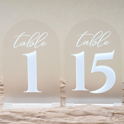 Frosted Wedding Table Numbers w/Stands 1-15, Bold, White Print 4x6 Arch Acrylic - Elegant & Sturdy Reusable for Reception Centerpiece