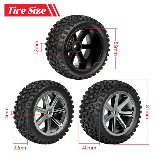 HobbyPark Pre-Glued 1/10 Buggy Tires and Chrome Wheels 12mm Hex Hubs for for Traxxas Bandit VXL Losi Redcat Wltoys 144001 Brushless Lipo Power, 3.46" (88mm)