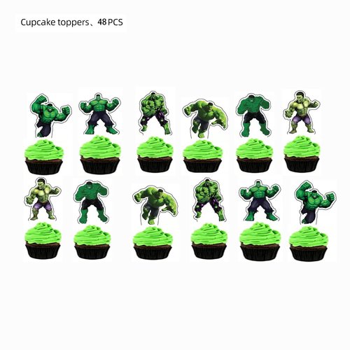 HUA Party Hulk Cake Topper, 48 Pcs, Superhero Birthday Party Supplies Decorations