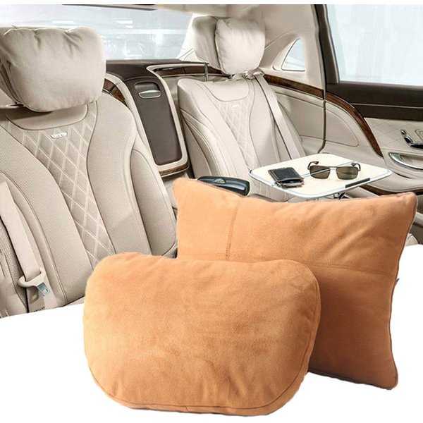 Kwak's Headrest Waist Cushion Set, Maybach Design S Class Super Soft Car Headrest Pillow Lumbar Support Fraud Suede Cover PP Cotton Filling Cushion (Brown)