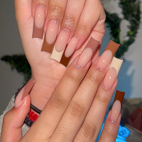 BABALAL Long Square Press on Nails Brown Fake Nails French Tip Glue on Nails Rhinestone Acrylic Nails 24Pcs Fall Squoval Artificial False Nails for Women and Girls