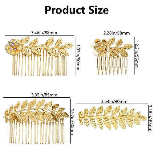 4 PCS Leaf Hair Side Combs, Gold Leaf Hair Comb Clips with Teeth Gold Hair Barrette Rhinestone Wedding Headpiece Hair Accessories for Women, Girls, Bride, Bridesmaid