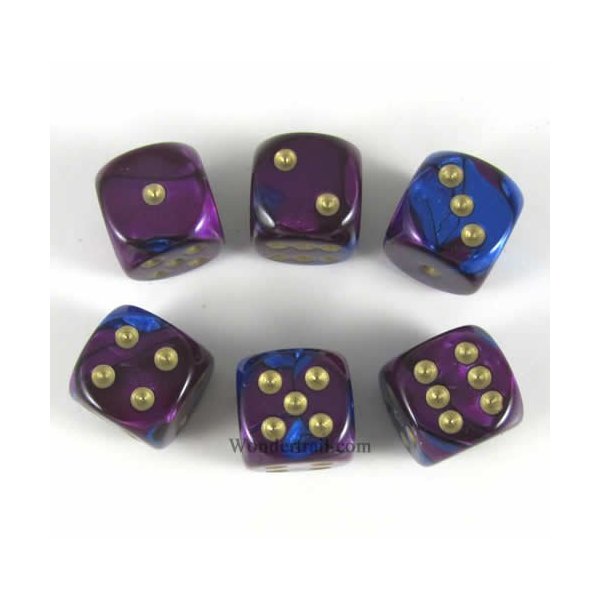 Blue Purple Gemini with Gold Pips 16mm D6 Dice Set of 6 Wondertrail WCX26628E6