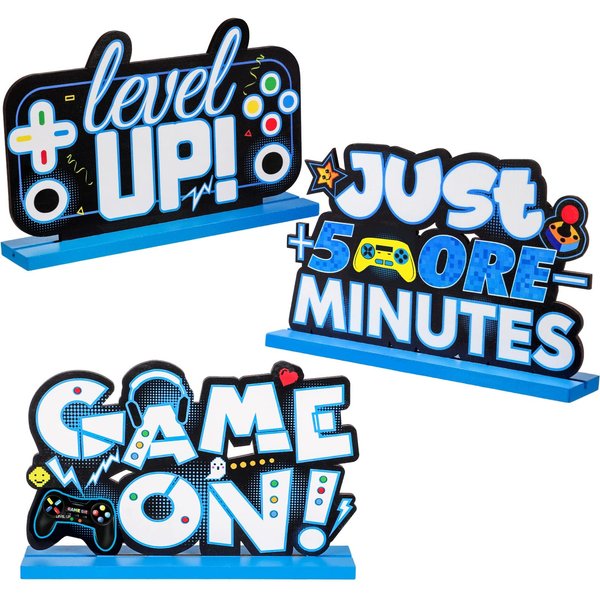 3 pcs Video Games Party Decorations Wood Table Level up Birthday Decorations Gamer Party Centerpieces Game Party Decorations Game on Pixelated Table Sign for Boys Kids Gaming Birthday Party(Blue)