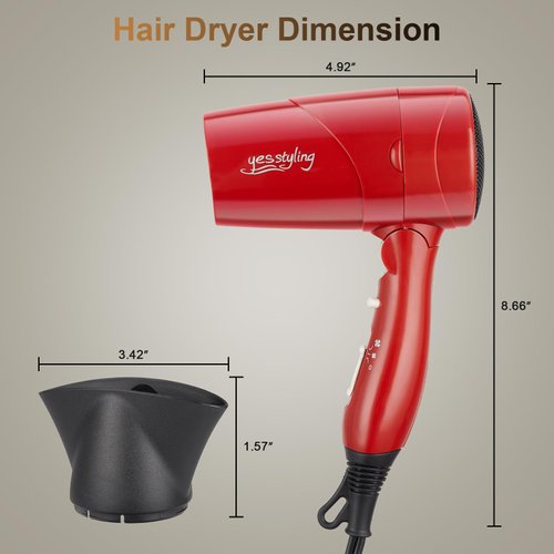 Travel Compact Hair Dryer, 1875W Lightweight Blow Dryer with Detachable Handle,1 Nozzle, 2 Heat Settings, 2 Speed Slide Switch, Cool Shot Button, Fast Drying for Family, Student (Red)