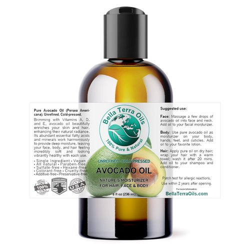 Bella Terra Oils - Avocado Oil 8 oz - Cold-Pressed Excellence, Brimming with Oleic Acid & B-Vitamins, Ideal Complement for Skin Care Regimens