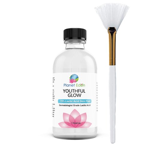 Planet Eden 75% Lactic Acid Skin Chemical Peel Kit and Fan Brush - Diminish Dark Spots, Sun Damage, Tighten Skin, Correct Wrinkles/Fine Lines, Shrink Pores