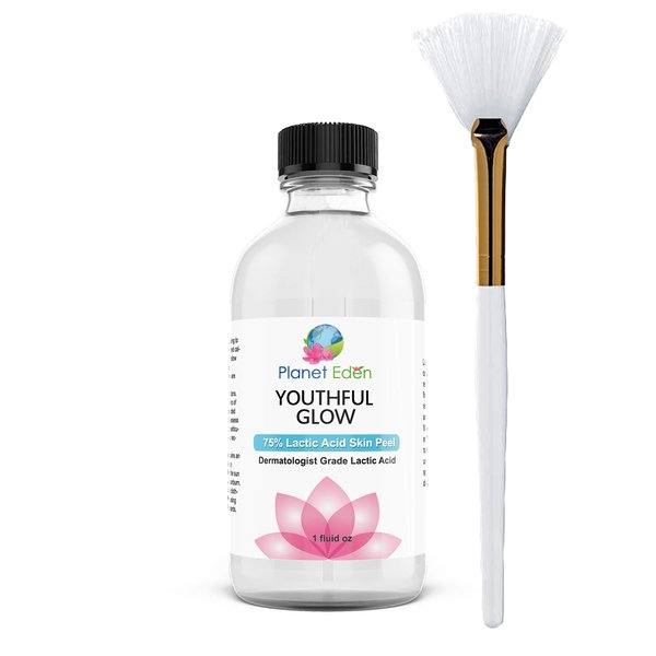 Planet Eden 75% Lactic Acid Skin Chemical Peel Kit and Fan Brush - Diminish Dark Spots, Sun Damage, Tighten Skin, Correct Wrinkles/Fine Lines, Shrink Pores