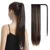 BARSDAR 26 inch Ponytail Extension, Long Straight Wrap Around Clip in Ponytail Hair Extensions Synthetic Ponytail Hair Pieces for Women Girls Daily Party Halloween- Dark Brown & Blonde Highlights