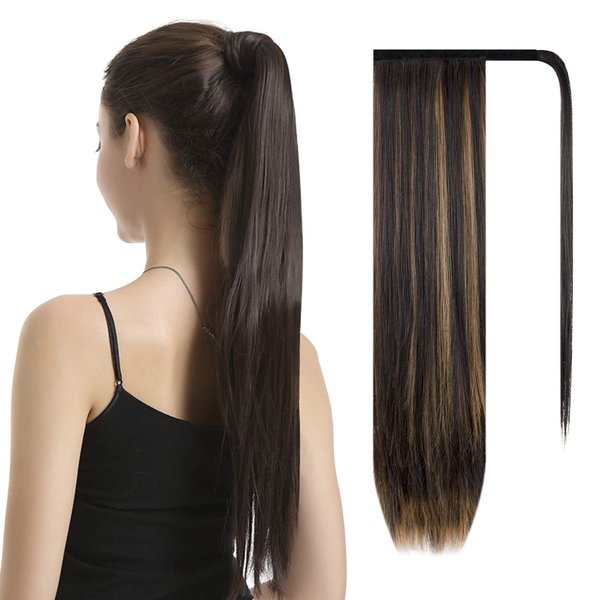 BARSDAR 26 inch Ponytail Extension, Long Straight Wrap Around Clip in Ponytail Hair Extensions Synthetic Ponytail Hair Pieces for Women Girls Daily Party Halloween- Dark Brown & Blonde Highlights