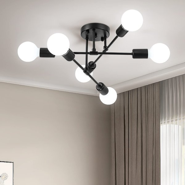 Soilsiu Modern Sputnik Chandelier, 6-Light Mid Century Semi Flush Mount Ceiling Light Fixture for Bedroom, Dining Room, Living Room, Kitchen, Office (Black, W:16.5",H:8")