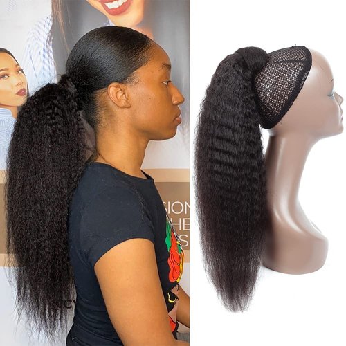 Strap Wrap Around Yaki Ponytail Human Hair Extensions, 100% Unprocessed Brazilian Hair Ponytails, Magic Paste with Comb Clip in Long Kinky Straight Pony Tail (16")