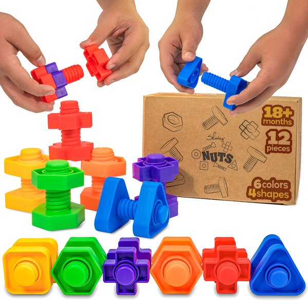 Skoolzy Plastic Nuts and Bolts 12 Piece - Kids Nuts and Bolts - Toddler Engineering Toys for 18+ Months - Screw Toys for Toddlers