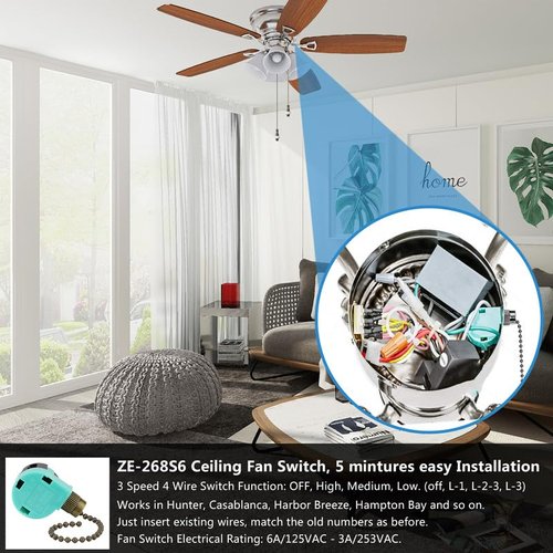 2 Pack Ceiling Fan Switch 3 Speed 4 Wire Zing Ear ZE-268S6, Ceiling Fan Pull Chain 4 Wire Fan Lamps Switch Compatible with Hunter Ceiling Fan (Bronze Pull Chain)