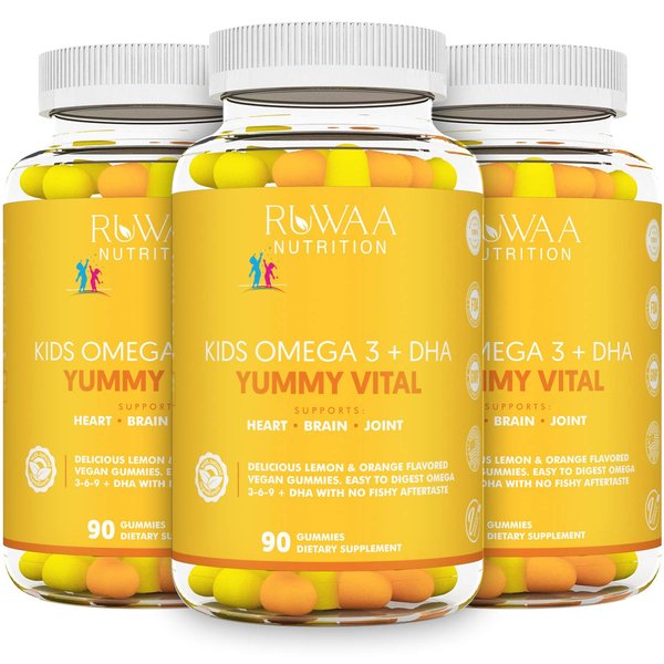 RUWAA NUTRITION Vegan Omega 3 Fatty Acid Supplements. Fish Oil Gummies DHA Kids Supplement with Vitamin C. Children's Heart Health, Cognitive Development, Attention, Vision & Behavior. 270ct (3)