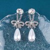 Sttiafay Vintage Teardrop Pearl Dangle Earrings Long Cz Pearl Drop Earrings Silver Crystal Bow Stud Earrings Rhinestone Pearl Bridal Earrings Jewelry for Women and Girls