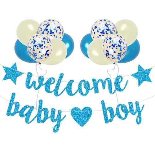 MDLLDM Baby Shower Decorations Welcome Baby Boy Banner Balloons Glitter Welcome Baby boy Home for Boys Newborn Birthday Party Hanging bunting Decorations Party Supplies Blue Pre-stung