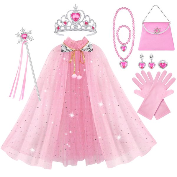 Vicloon 11PCS Princess Cape Set, Princess Dress Up Cloak With Crown, Wand, jewelry, and bag, Princess Dress Up Clothes for Little Girls, Princess Cape for 3+ Year Old Christmas Birthday Gifts(Pink)