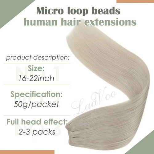 LAAVOO Microbead Weft Remy Extensions Human Hair Blonde Beaded in Human Hair Extensions Thick End Micro Beads Hair Weft Extensions Ice Blonde Micro Weft Human Hair Long for Women 50g 22"