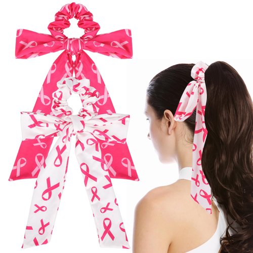 Breast Cancer Awareness Hair Scrunchies Pink Ribbon Hair Ties Detachable Milk Silk Cheer Bow Ribbon Elastic Hair Tie Ponytail Holder for Women Girl Hair Accessories
