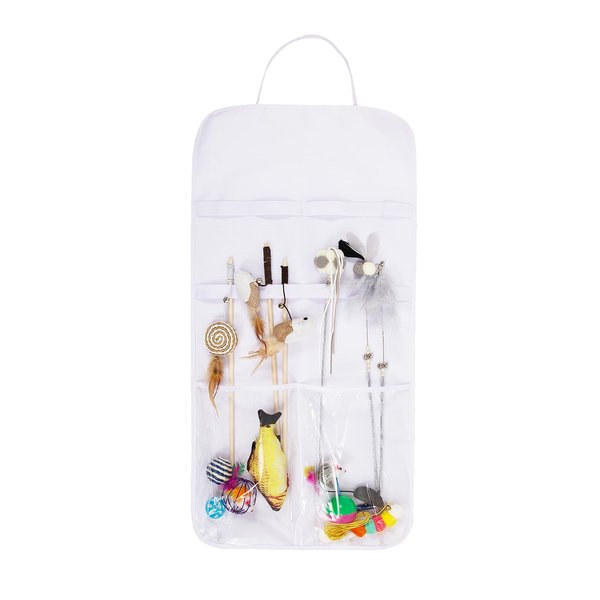 Cat Wand Toy Storage Hanging Bag, Cat Teaser Wand Holder, Cat Toy Organizer for Indoor Cats Toys Storage and Cat Safety (White)