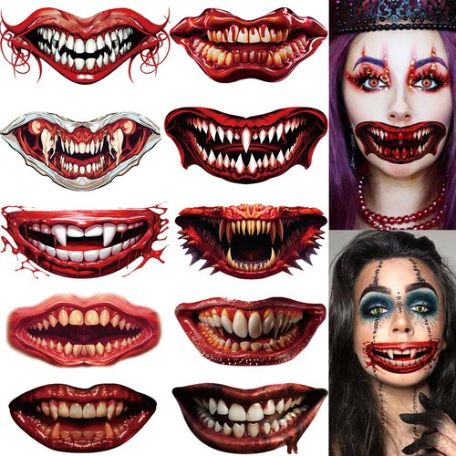 Halloween Temporary Horror Scary Mouth Face Tattoo Stickers Props for Women Adults Men Cosplay Party Masquerade Accessories Kit