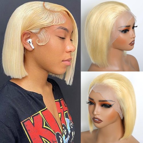 Honey Blonde 613 Short Straight Bob Wigs Human Hair 180% Density 13x4 Transparent Lace Frontal Bob Human Hair Wigs For Black Women Brazilian Virgin Human Hair 613 Blonde Glueless Lace Bob Wigs 8 Inch