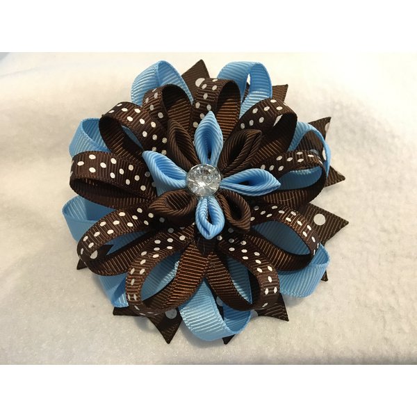 Grosgrain Ribbon Hair Bow, Stacked Hair Bow, Flower Hair Bow, Blue and Brown Hair Bow