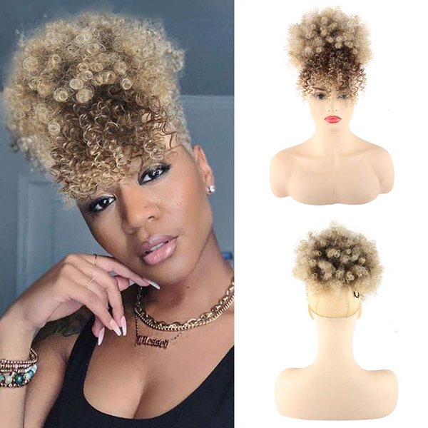 Aisaide High Afro Puff Drawstring Ponytail Bun with Bangs for Black Women Short Afro Kinky Curly Ponytail Extension Clip in Hair Extensions Pineapple Synthetic Brown Ponytail with Two Clips(4/613)