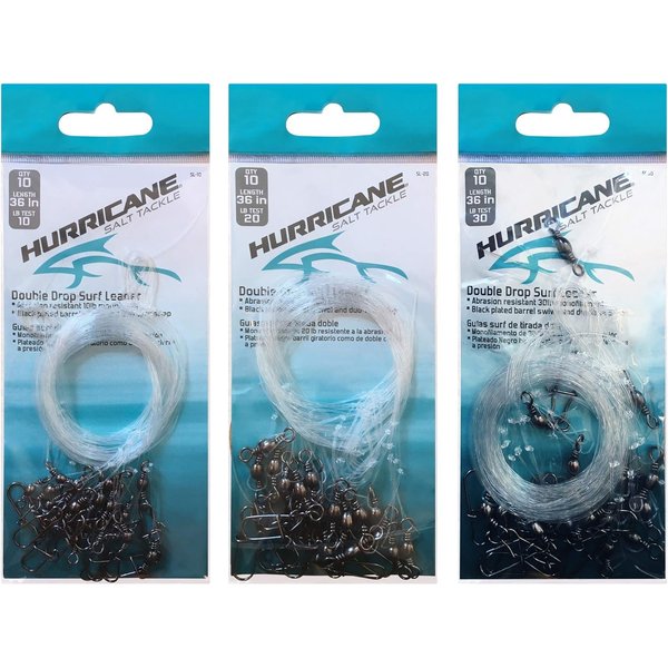 HURRICANE Surf Fishing Leader Bundle - 10 Pound Double Drop Surf Leader, 20 Pound Double Drop Surf Leader and 30 Pound Double Drop Surf Leader.