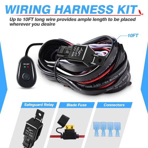 MICTUNING LED Light Bar Wiring Harness Off Road Power 40A Relay Fuse ON-Off Switch (2 Lead)