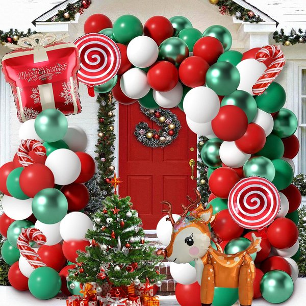 ZFUNBO Christmas Balloons Garland Arch Kit, 85 Pcs Red Green White Balloons with Candy Elk Santa Claus Gift Box Mylar Balloons for Candy Theme Baby Shower Birthday Christmas party Decoration