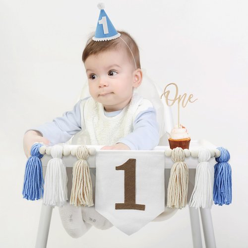 1st Birthday Highchair Banner Set, Party Decorations for Girl Baby Shower, 1st Birthday Party Supplies with Birthday Hat, Cake Topper, Balloon Set, and Tinsel Foil Fringe Curtain, Blue