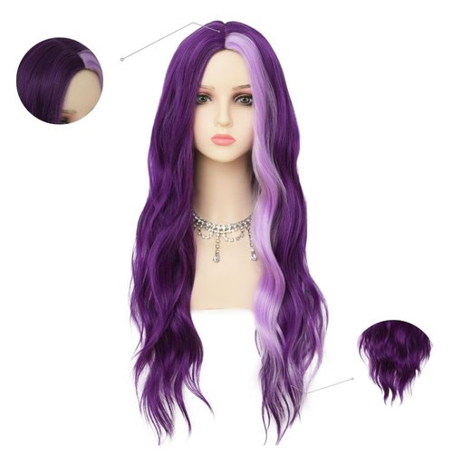 Dai Cloud Dark Purple Wavy Long Wigs for Women Natural Curly Middle Part with Light Purple Highlight Hair Heat Resistant Synthetic Wig for Halloween Cosplay Use