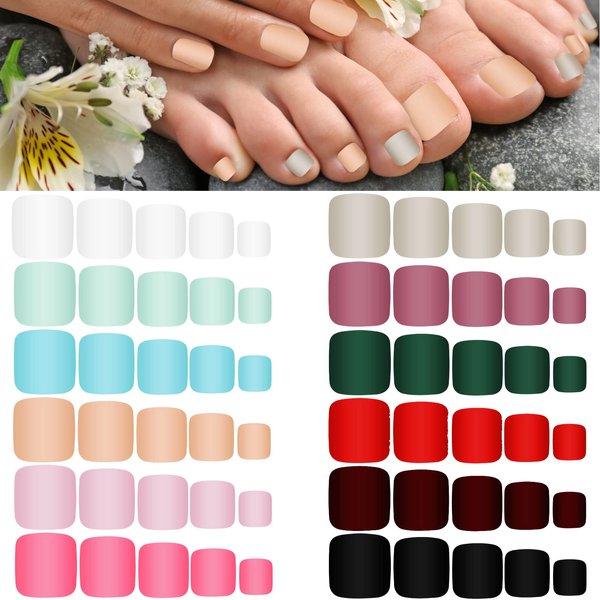 336 Pieces 12 Sets Toenail Press Ons Fake Toe Nails Short Square False Toenails Glue-on Solid Color Full Cover Press on Nails Matte Fake Toenails for Women and Girls(Chic Colors)