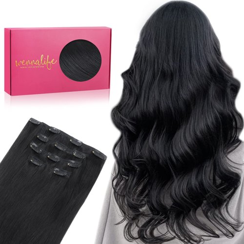 WENNALIFE Clip in Human Hair Extensions 85g 5pcs 22 Inch, Remy Clip in Hair Extensions Real Human Hair Jet Black Virgin Human Hair Clip Ins Extensiones De Cabello Humano Con Clip