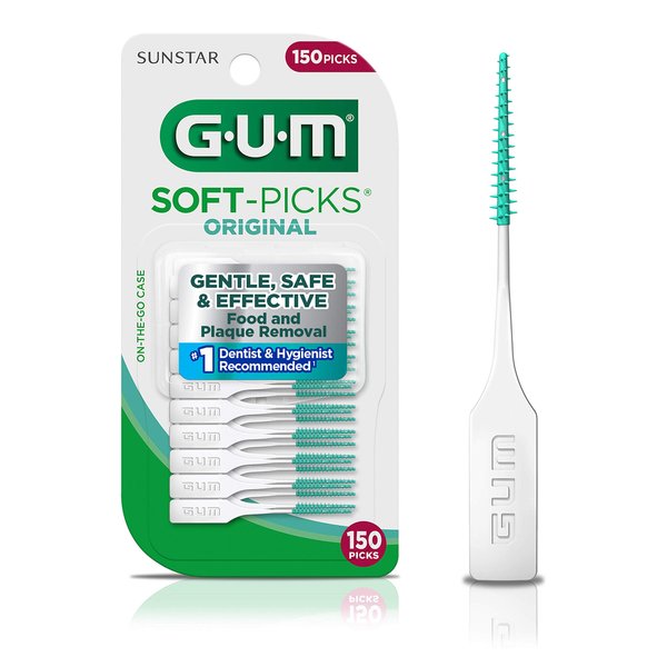 GUM Soft-Picks Original, Easy to Use Dental Picks for Teeth Cleaning and Gum Health, Disposable Interdental Brushes with Convenient Carry Case, Dentist Recommended Dental Floss Picks, 150ct (6pk)