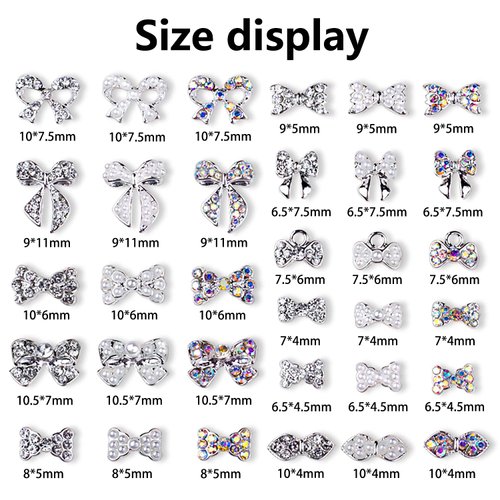 JERCLITY 33 Pieces Silver Alloy Bow Charms for Nails Bow Nail Charms Gems Bowknot Nail Studs Inlaid Pearl Clear Iridescent Rhinestone for Women Girls Nail Art
