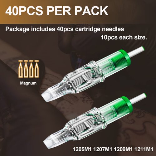 TONBAO Tattoo Cartridges Needles - 40pcs Assorted Disposable Tattoo Needles Cartridge Magnum #12 5M1 7M1 9M1 11M1 Mixed 0.35mm for Tattoo Artists