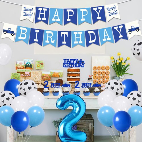 55Pcs Little Blue Truck 2nd Birthday Party Decoration Beep Beep Happy Birthday Banner Blue Truck Cake Topper Beep Two Cupcake Toppers Latex Balloons for Boys Girls Two Birthday Party Decor Supplies