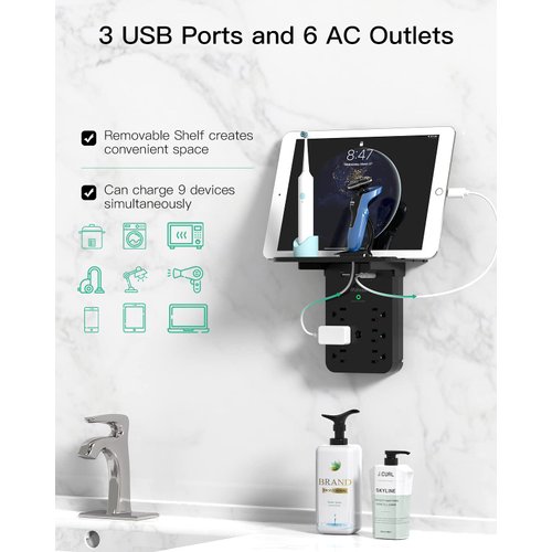 Wall Outlet Extender - Surge Protector 6 AC Outlets Multi Plug Outlet with Shelf, 2 USB and USB C Charging Ports Wall Plug Expander, USB Wall Charger Outlet Splitter for Home (Black)