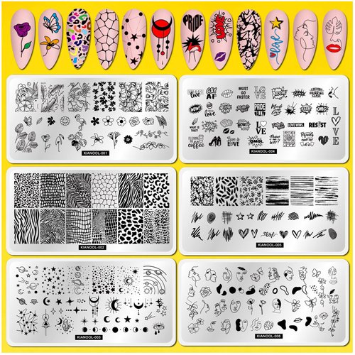 Flower Leaf Nail Stamping Plate 6 Pcs Nail Stamp Plates with Leopard Print Heart Stripe Holiday Nail Stamping Plate Space Star Nail Art Stamping Plates Face Nail Stamper Plate Nail Art Templates